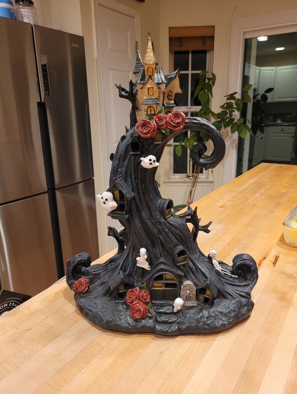 Toil and Trouble Halloween Haunted Light-up Tree Village Figurine with Red Roses